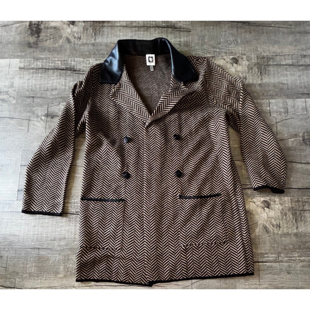 Anne Klein Herringbone Knit Blazer Faux Leather Collar Double Breasted Tan Black